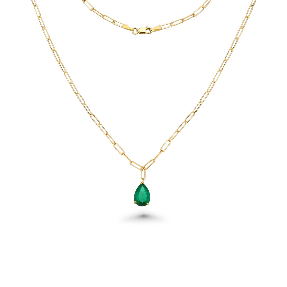 Pear Shape Genuine Emerald Pendant Necklace With Paper Clip Chain in 14K Gold