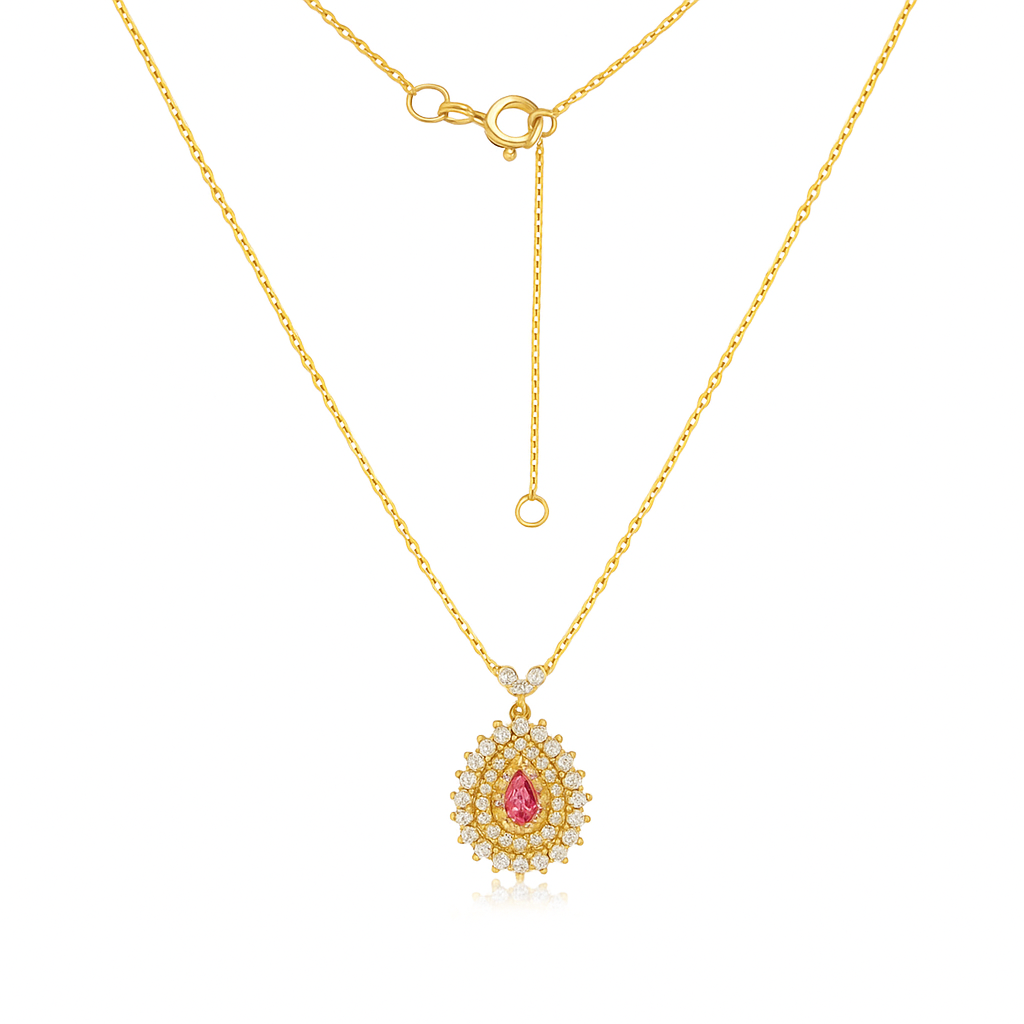 Pink Diamond Triple Halo Pair Shape Necklace (1.20 ct.) in 14K Gold