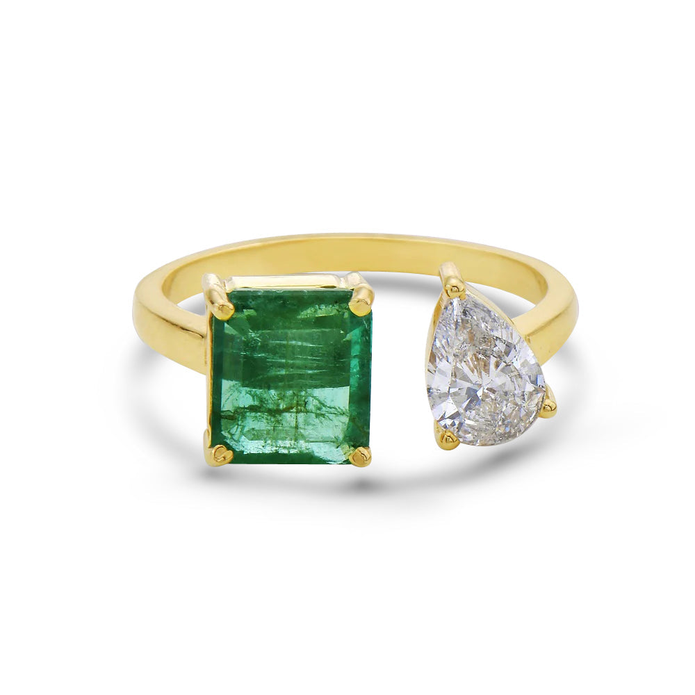 Ready to Ship Princess Cut Emerald & Pear Shape Diamond Duo Engagement Ring (2.28 ct.) in 18K Gold