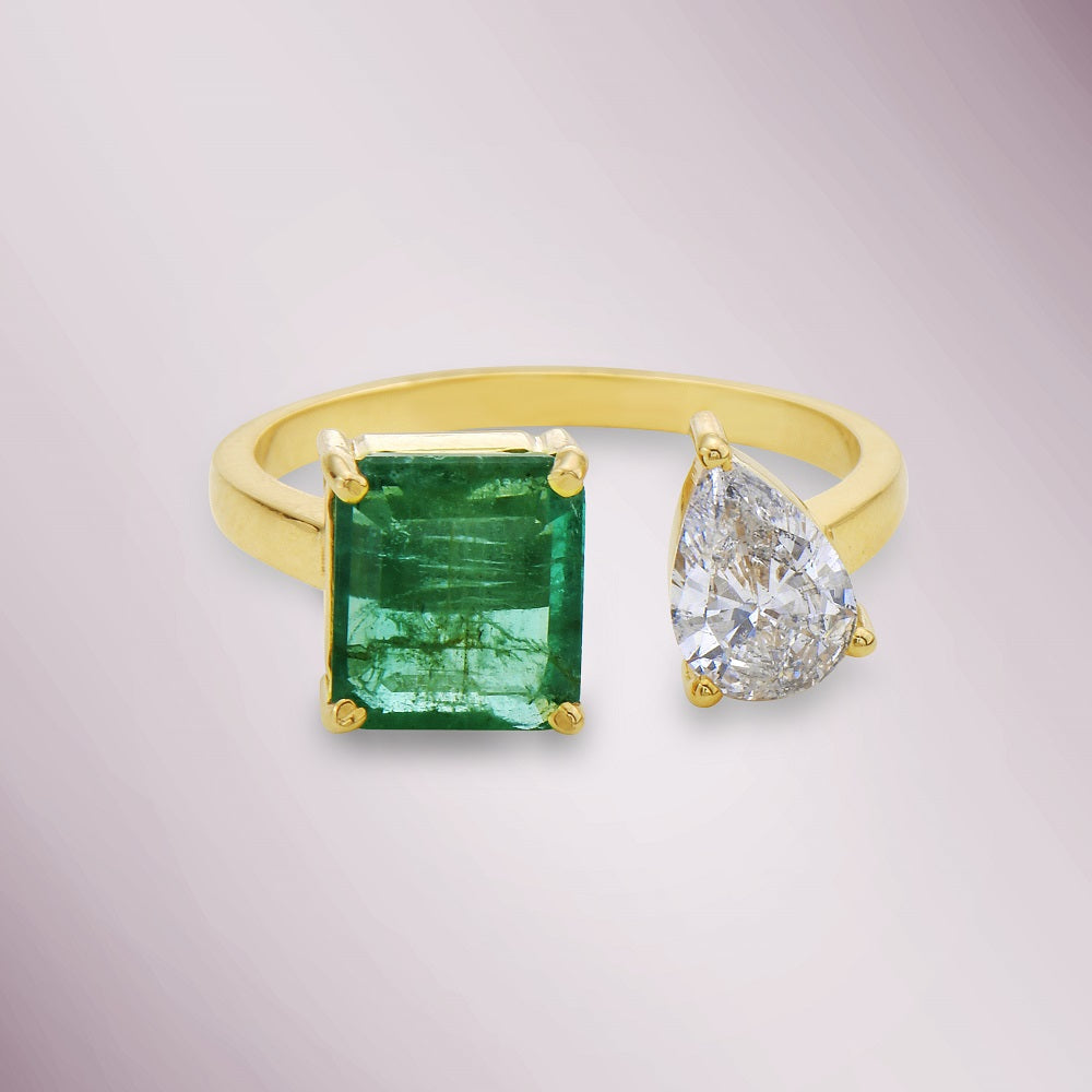 Ready to Ship Princess Cut Emerald & Pear Shape Diamond Duo Engagement Ring (2.28 ct.) in 18K Gold