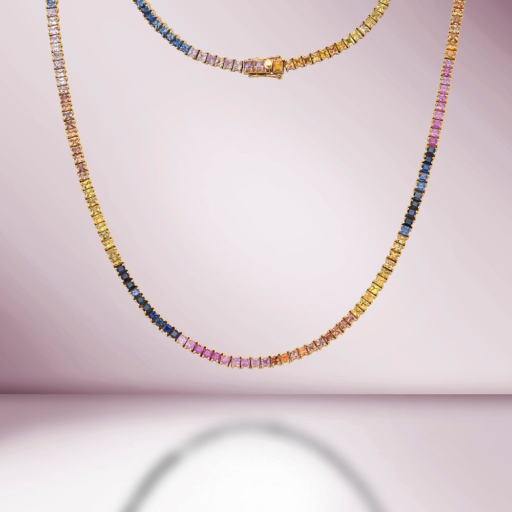 Rainbow Multi Color Square Shape Sapphire Tennis Necklace ( 14.50 ct.) 4-Prongs Setting in 14K Gold