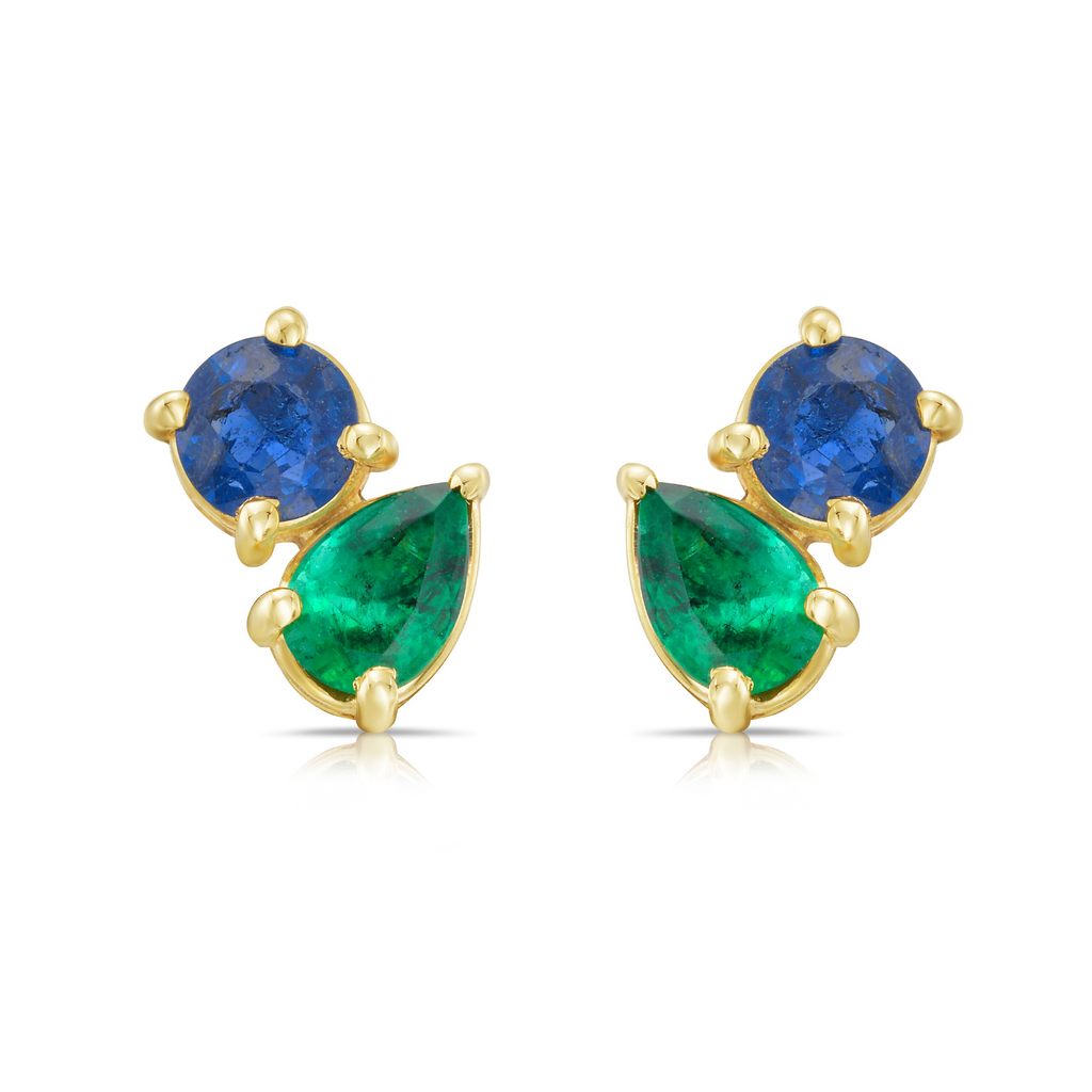 Round Sapphire and Pear Emerald Toi et Moi Earrings (2.00 ct.) in 14kt Yellow Gold