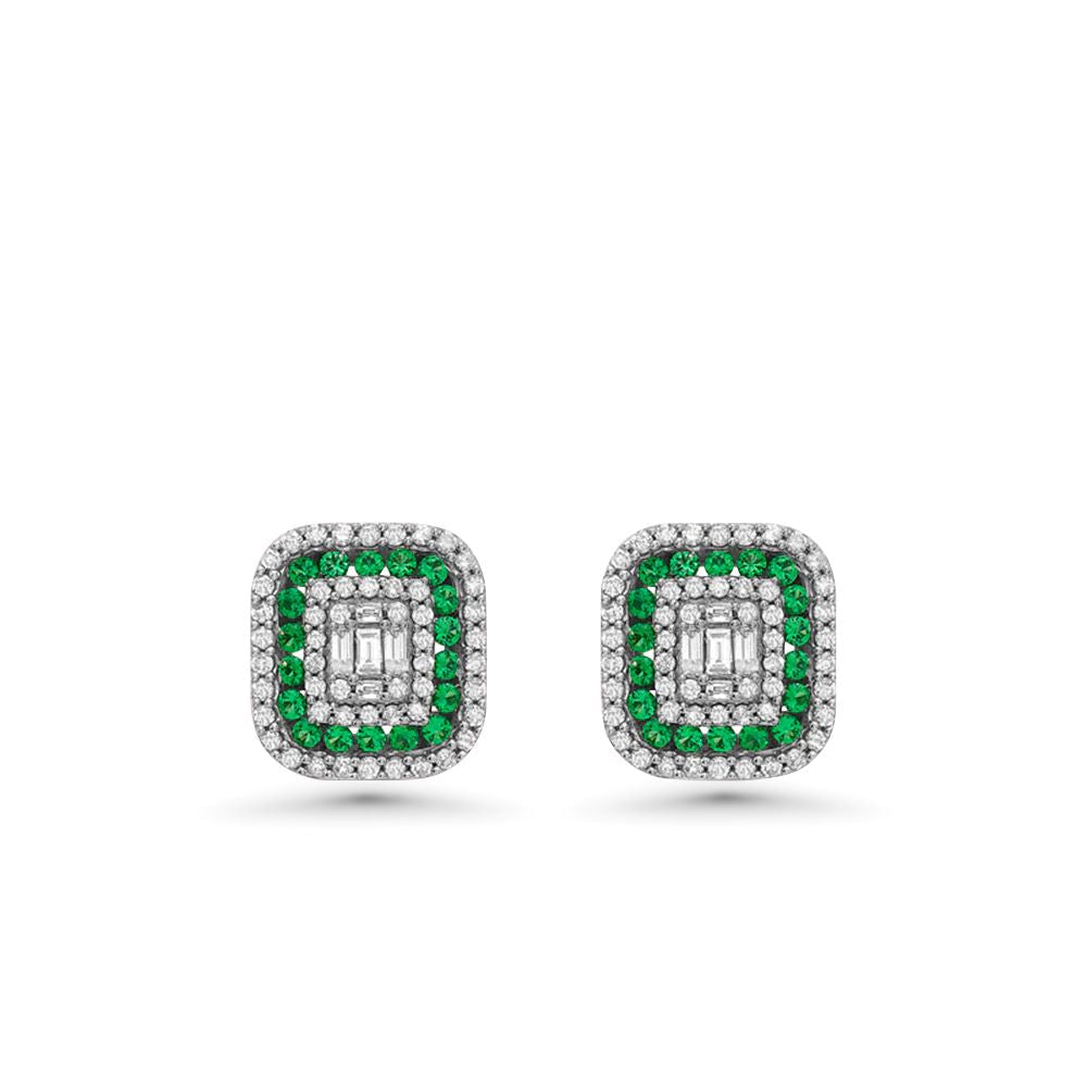Triple Halo Diamonds & Emerald Rectangular Shape Studs Earrings (1.00 ct.) in 14K Gold