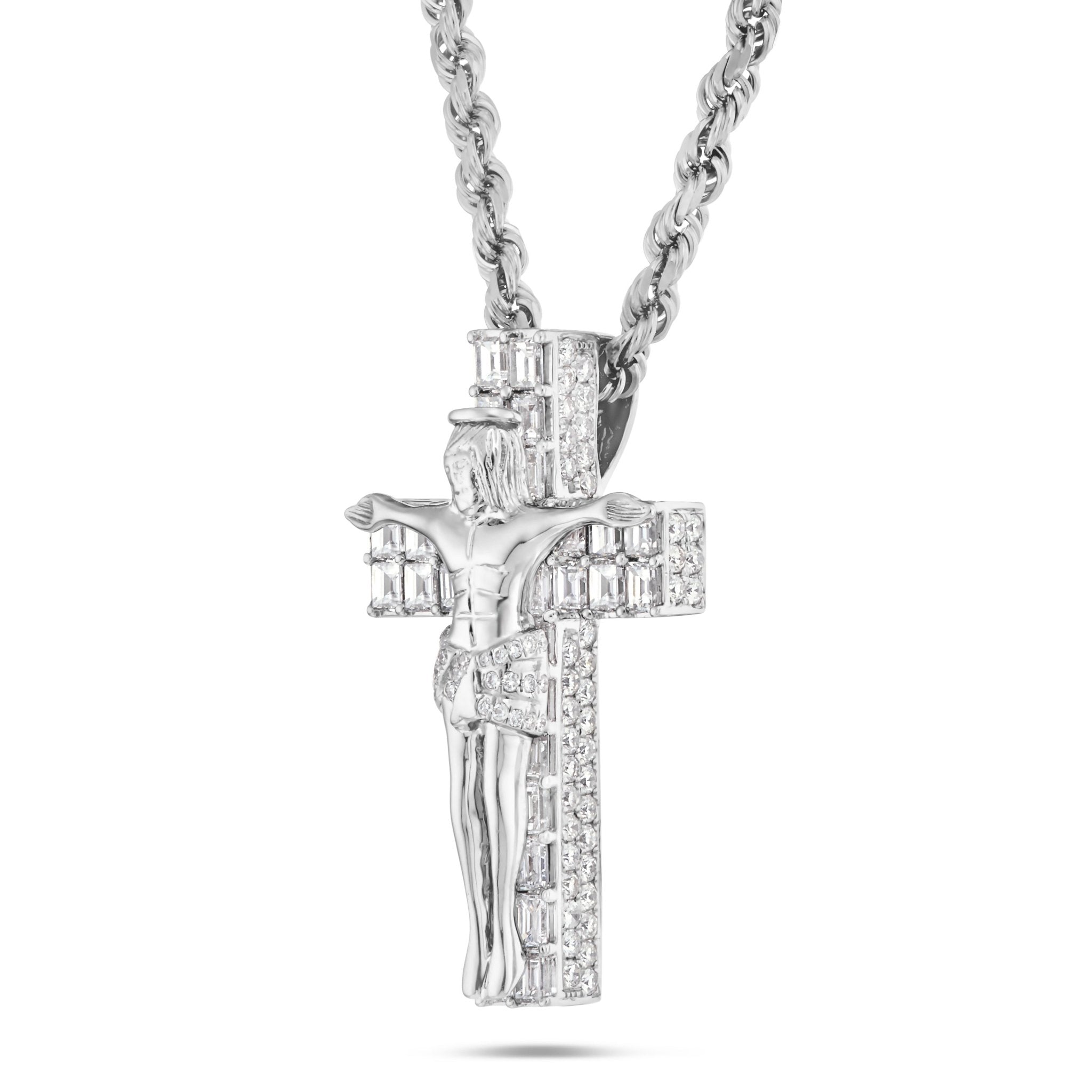 14K White Gold 5.41ct Emerald Diamond Crucifix Pendant