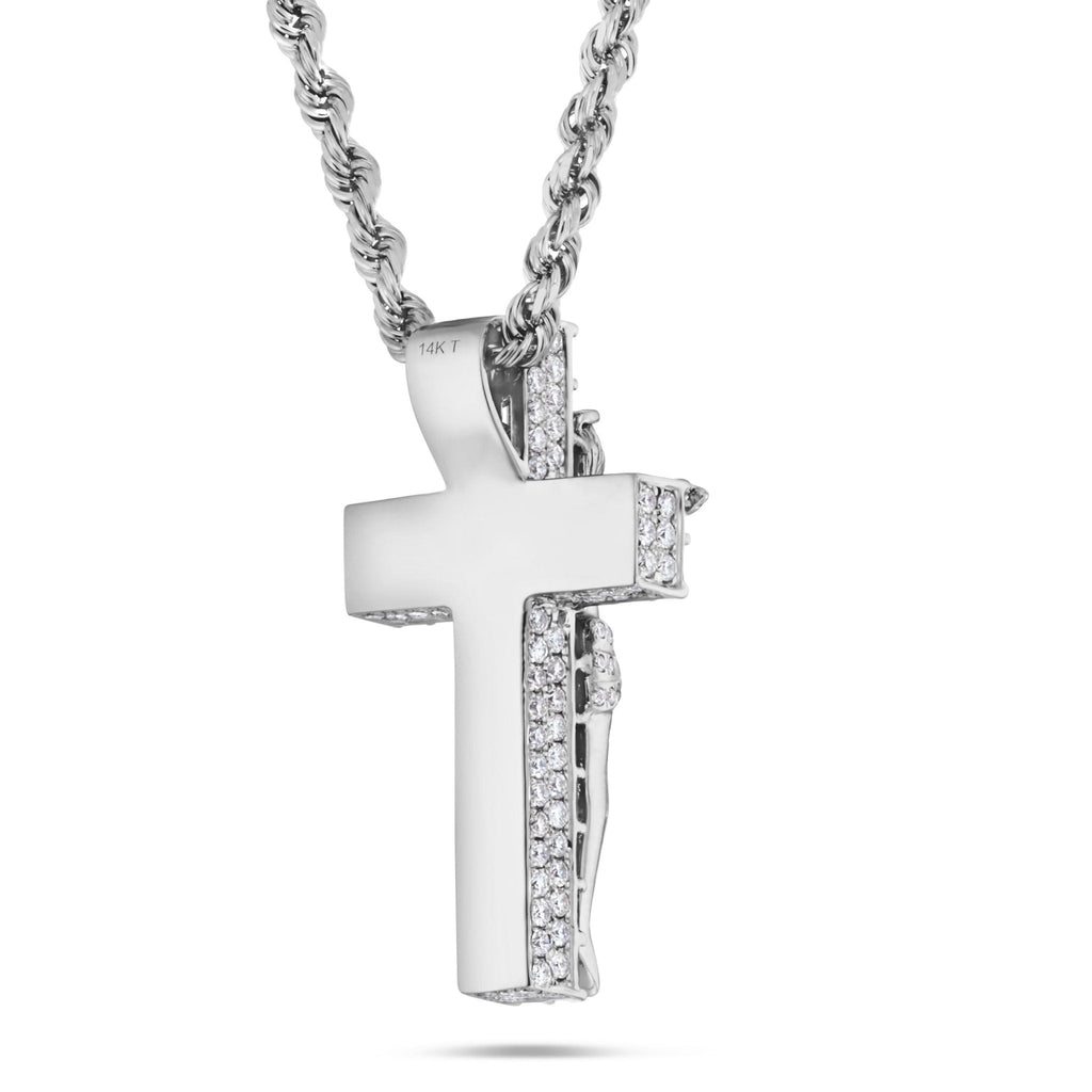 14K White Gold 5.41ct Emerald Diamond Crucifix Pendant