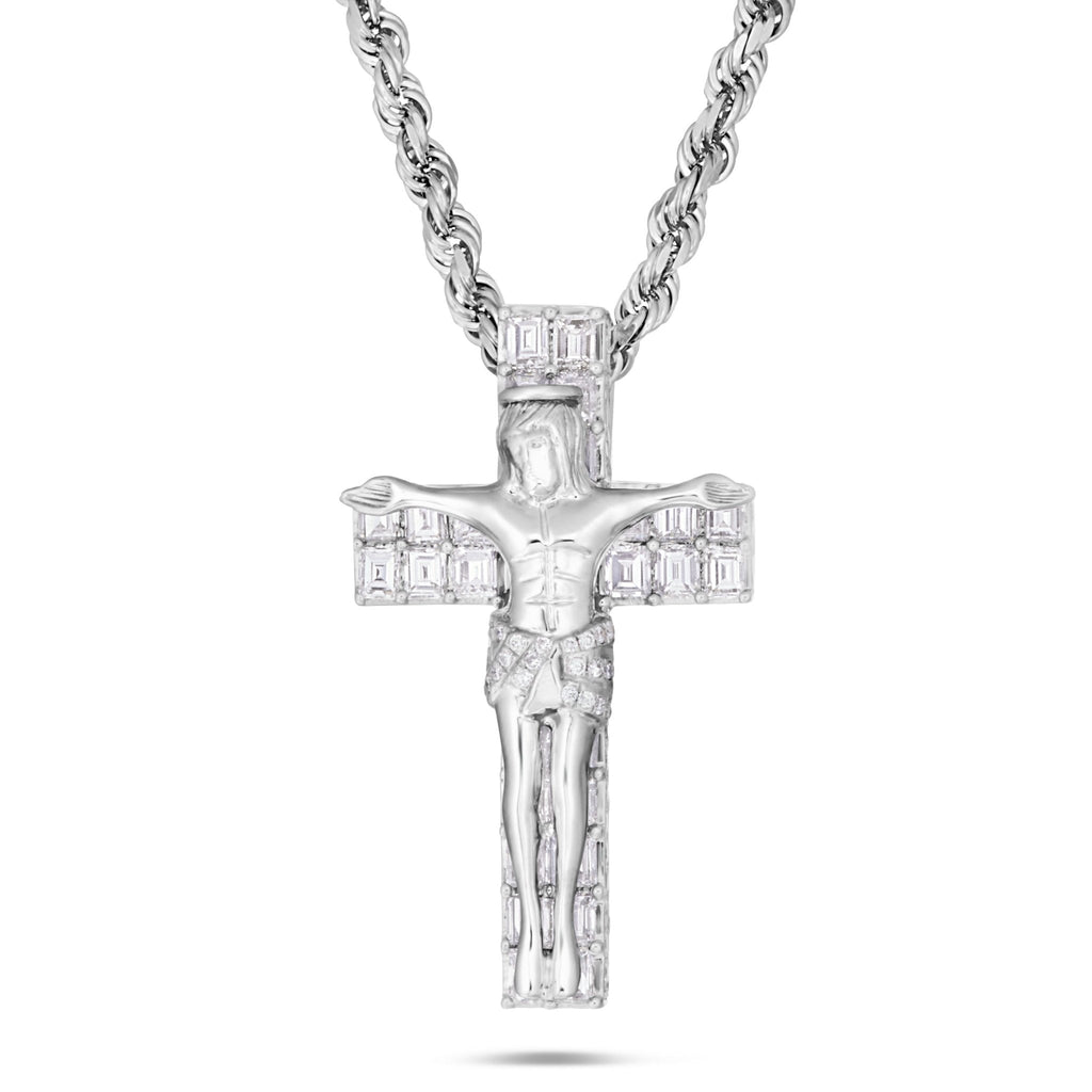 14K White Gold 5.41ct Emerald Diamond Crucifix Pendant