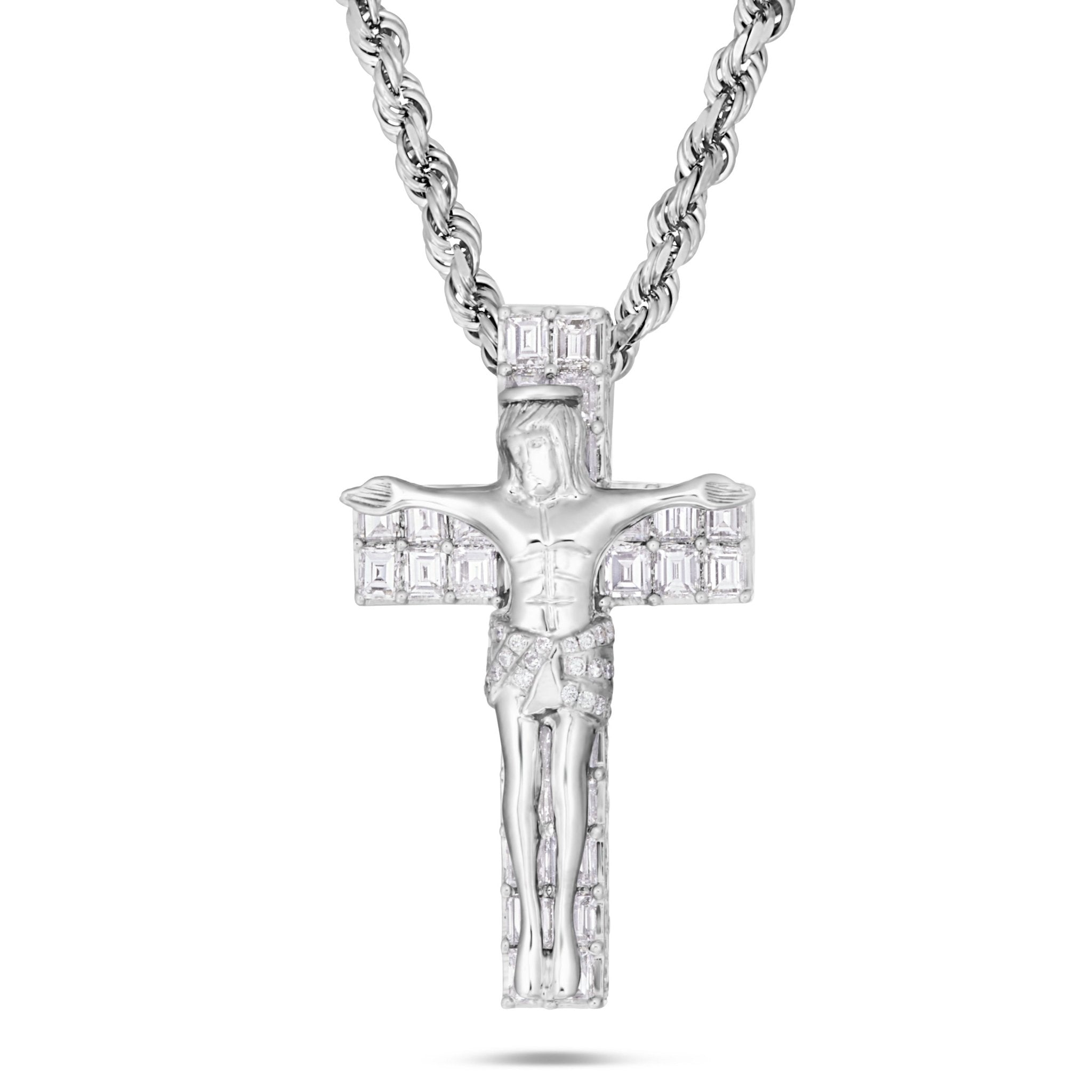 14K White Gold 5.41ct Emerald Diamond Crucifix Pendant