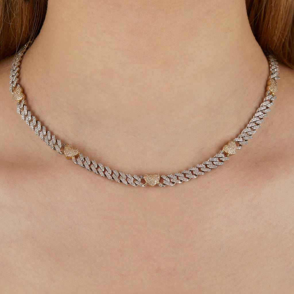 10K Gold Two Tone 4.20ct Diamond Cuban Chain with Colored Heart Motifs