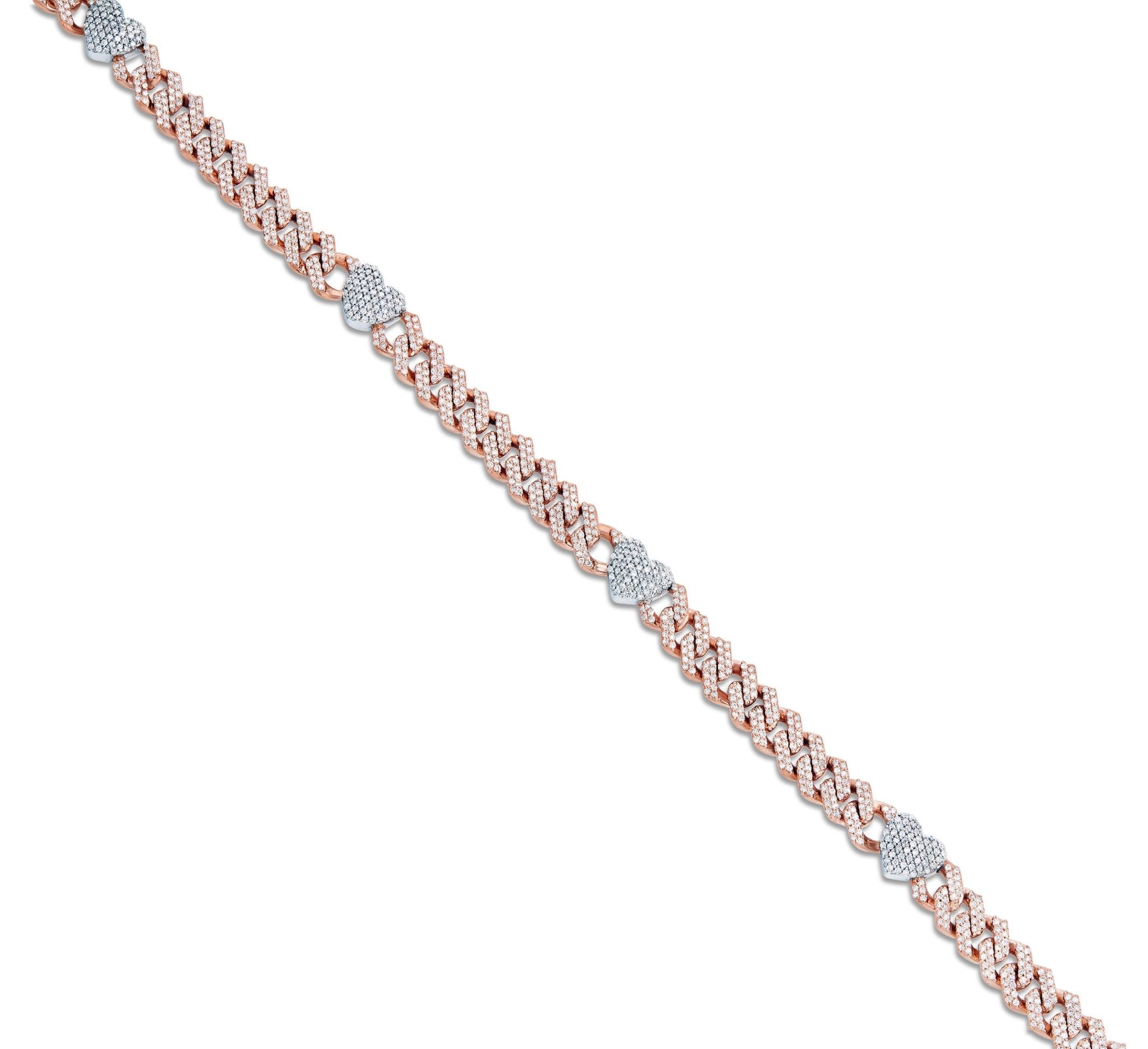 14K Gold Two Tone 4.21ct Diamond Cuban Chain with Heart Motifs