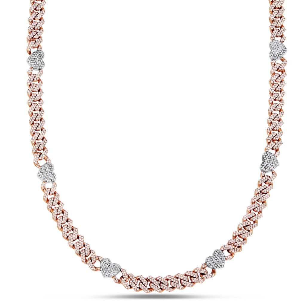 14K Gold Two Tone 4.21ct Diamond Cuban Chain with Heart Motifs